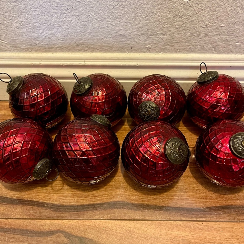 Set of 8 4” Christmas Holiday Red Mercury Glass Decorative Ornaments